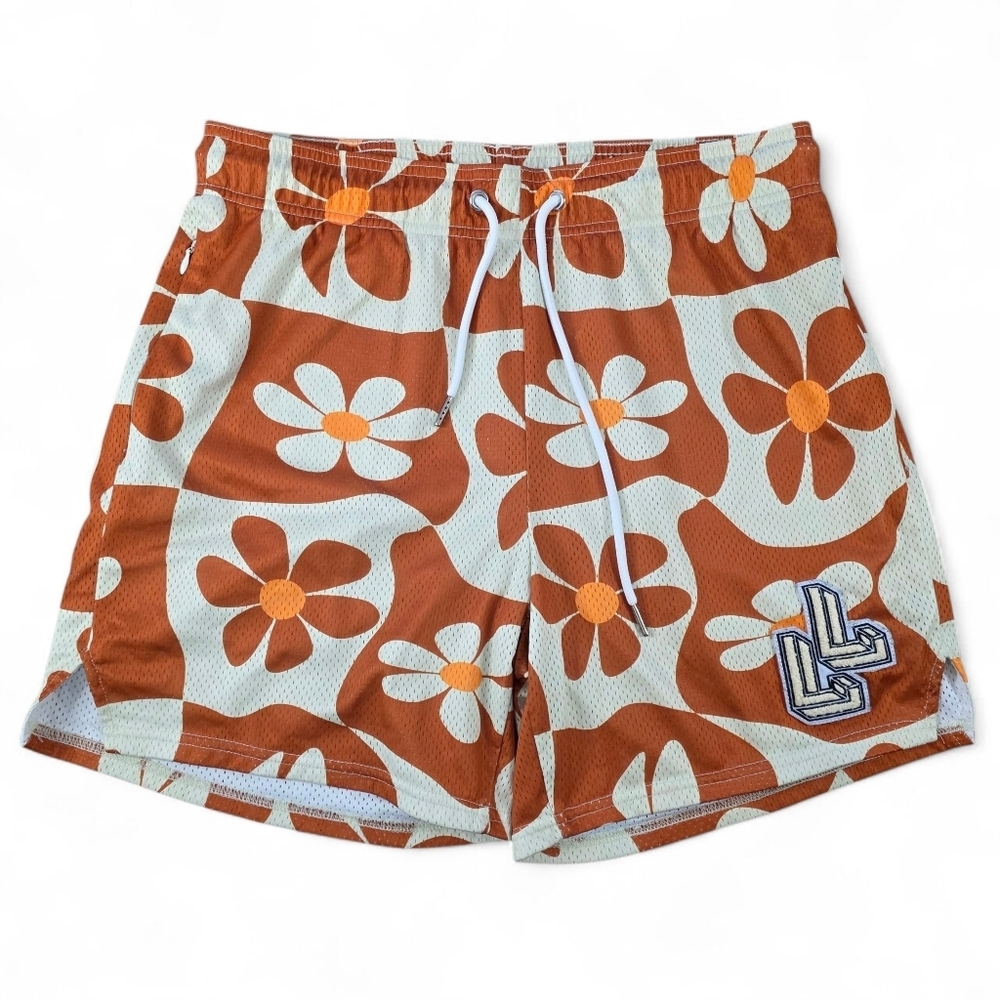 Lumberlegs Retro Daisy Mesh Shorts Orange Cream Floral Men's Size L Athleisure